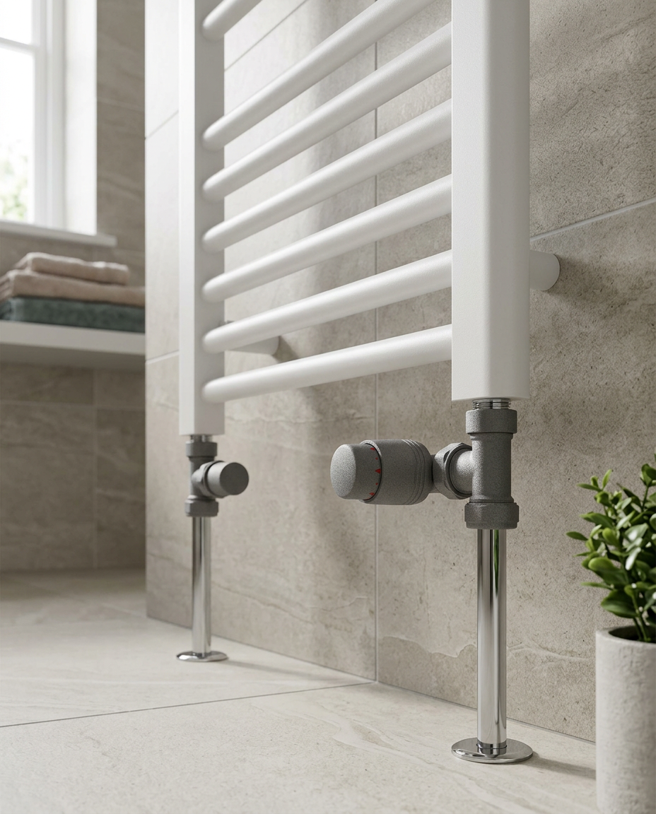 Designer Thermostatic Twin Radiator Valve Packs, textured grey in a bright modern bathroom