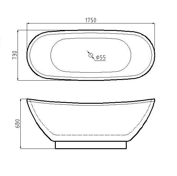 Dora double-ended slipper bath technical drawing with dimensions