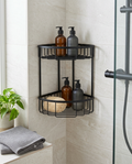 Double Corner Shower Basket, Matt Black in a bright modern bathroom