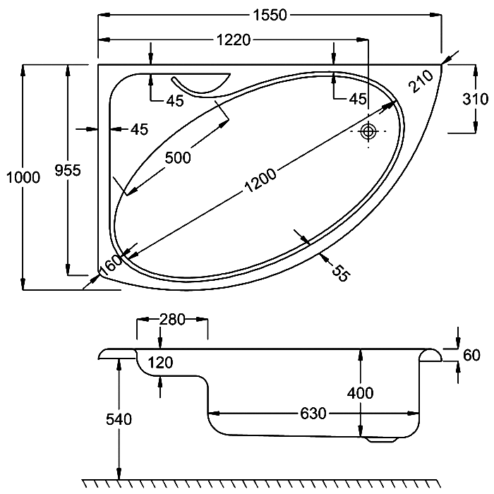 Carron Dove Corner Bath, technical drawing