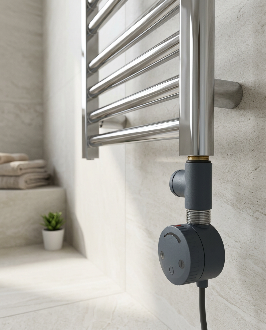 Dual Fuel Heating Elements, anthracite in a bright modern bathroom
