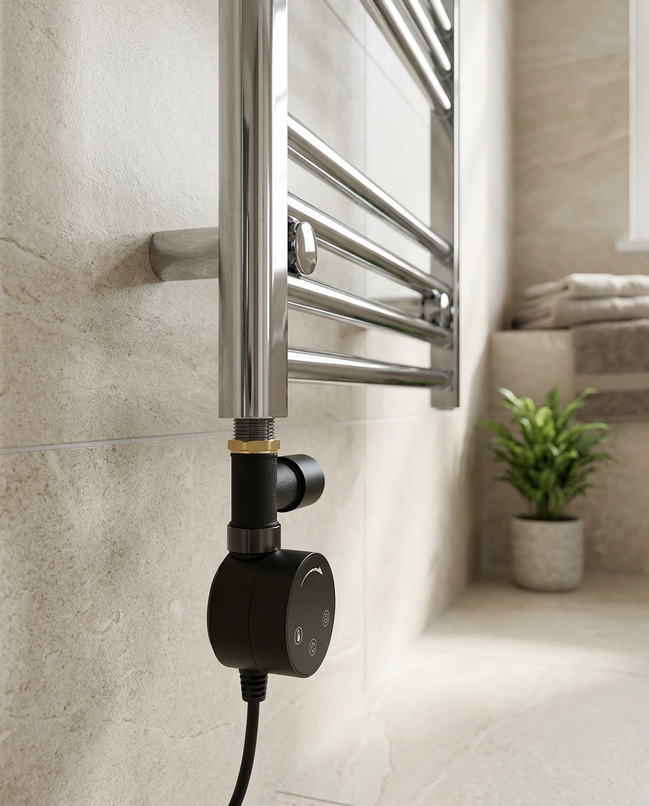Dual Fuel Heating Elements, black in a bright modern bathroom