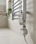 Dual Fuel Heating Elements, chrome in a bright modern bathroom