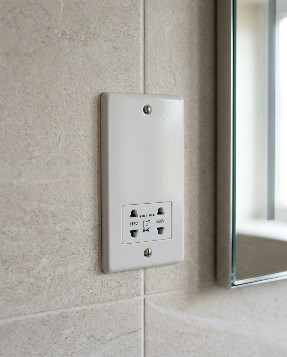 Dual Voltage Shaver Socket in a bright modern bathroom