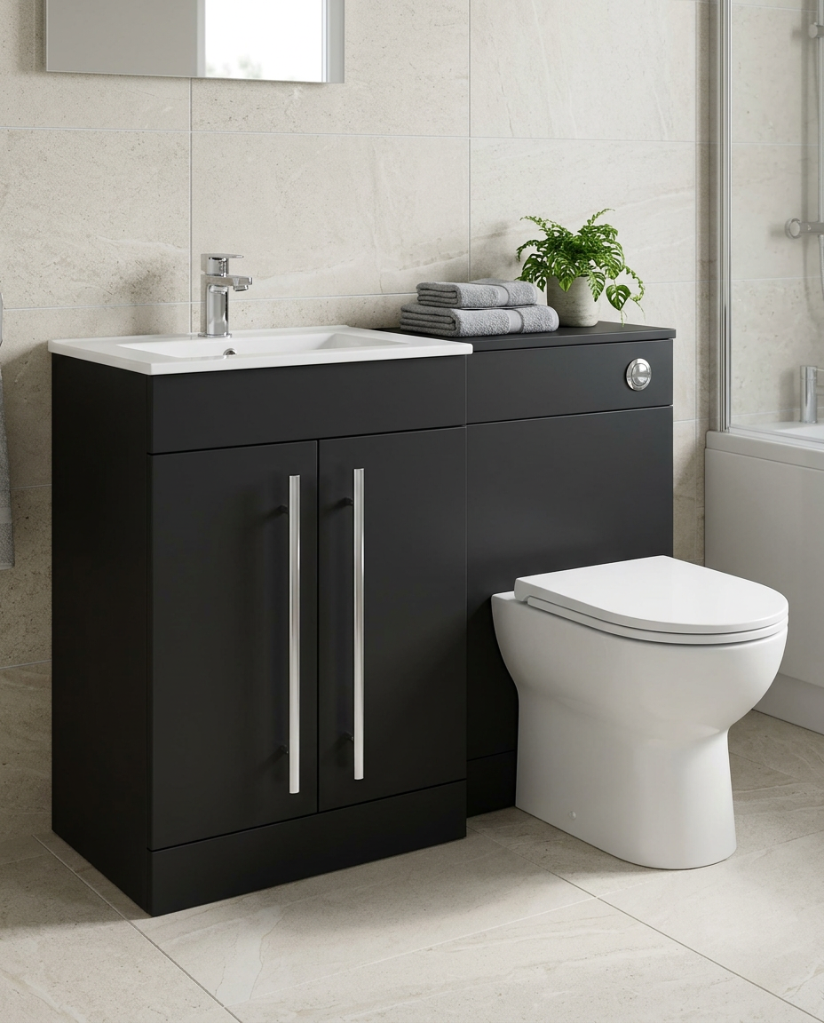 Duet 1100mm L-Shaped Furniture Pack, matt black in a bright modern bathroom