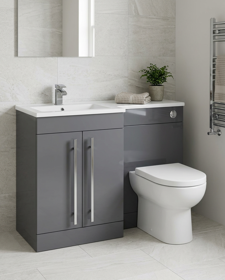 Duet 1100mm L-Shaped Furniture Pack, storm grey gloss in a bright modern bathroom