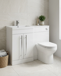 Duet 1100mm L-Shaped Furniture Pack, white gloss in a bright modern bathroom