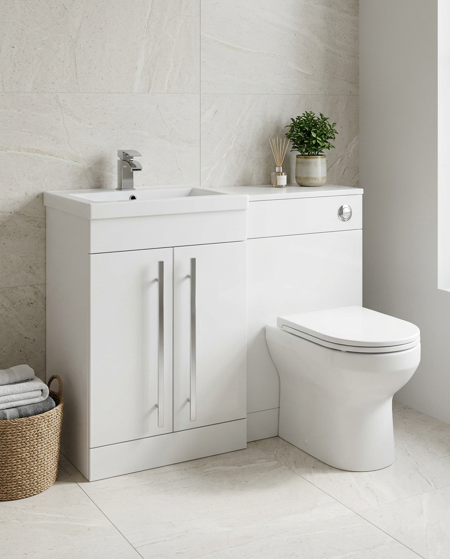 Duet 1100mm L-Shaped Furniture Pack, white gloss in a bright modern bathroom