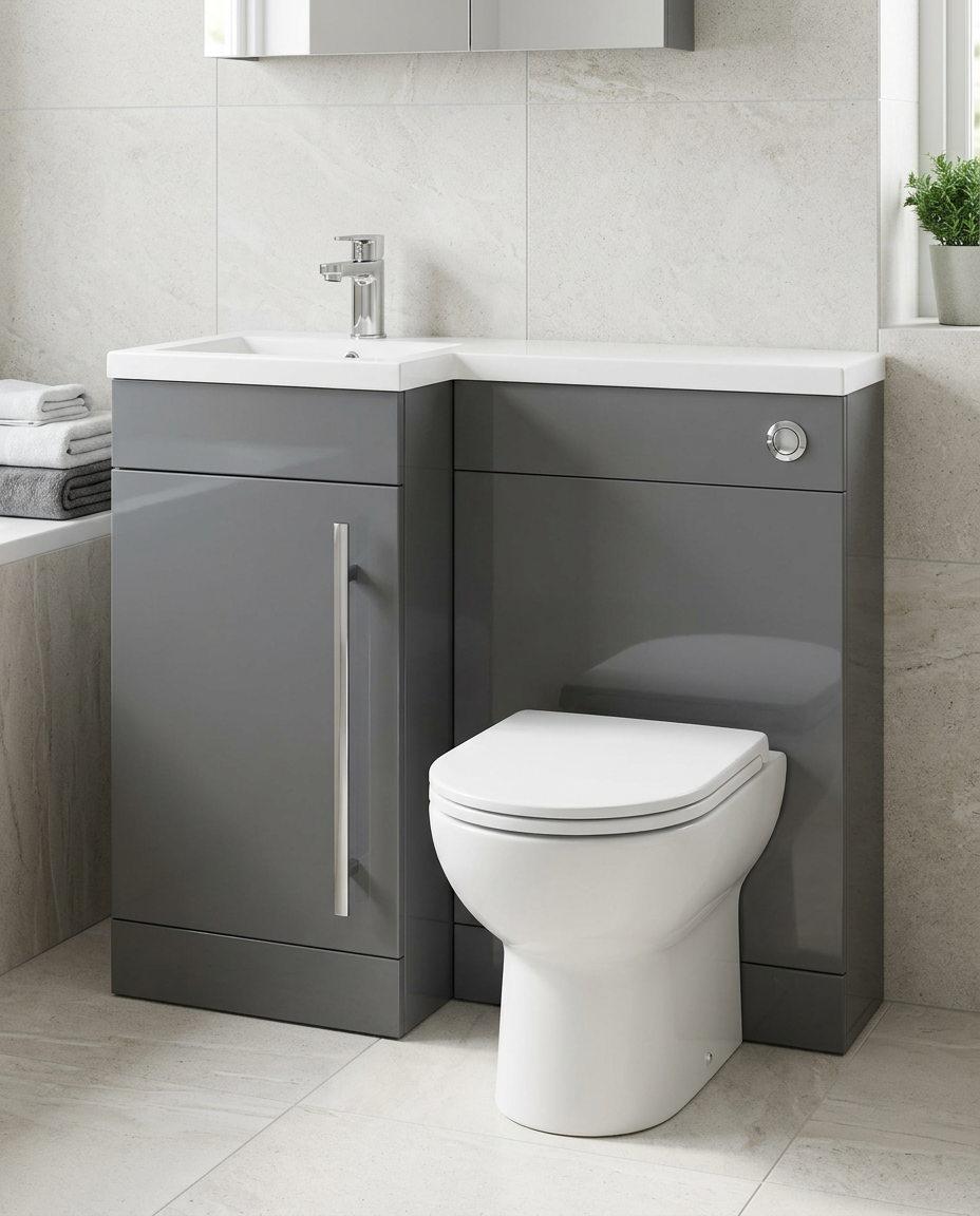 Duet 900mm L-Shaped Furniture Pack, storm grey gloss in a bright modern bathroom