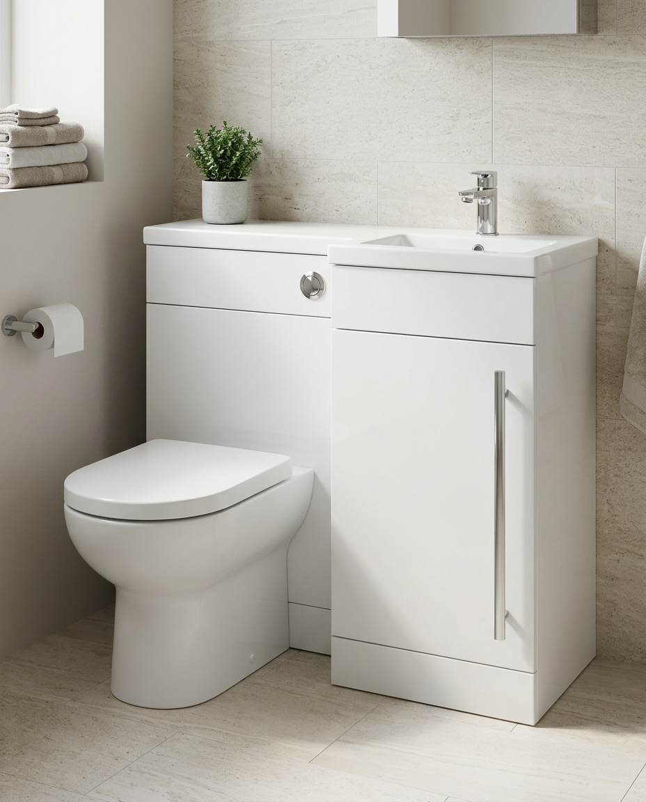 Duet 900mm L-Shaped Furniture Pack, white gloss in a bright modern bathroom