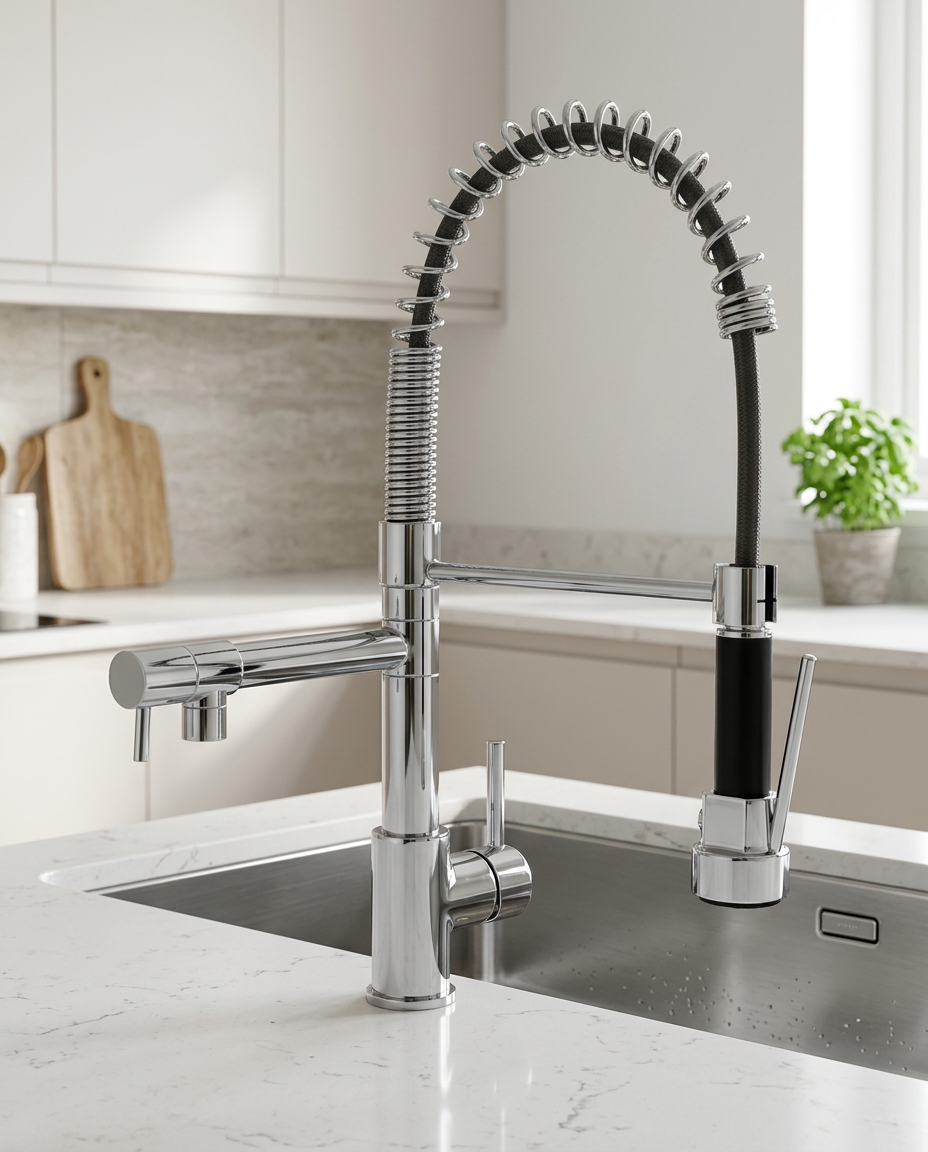 Duo Dual Spout Kitchen Mixer Tap in a bright modern kitchen