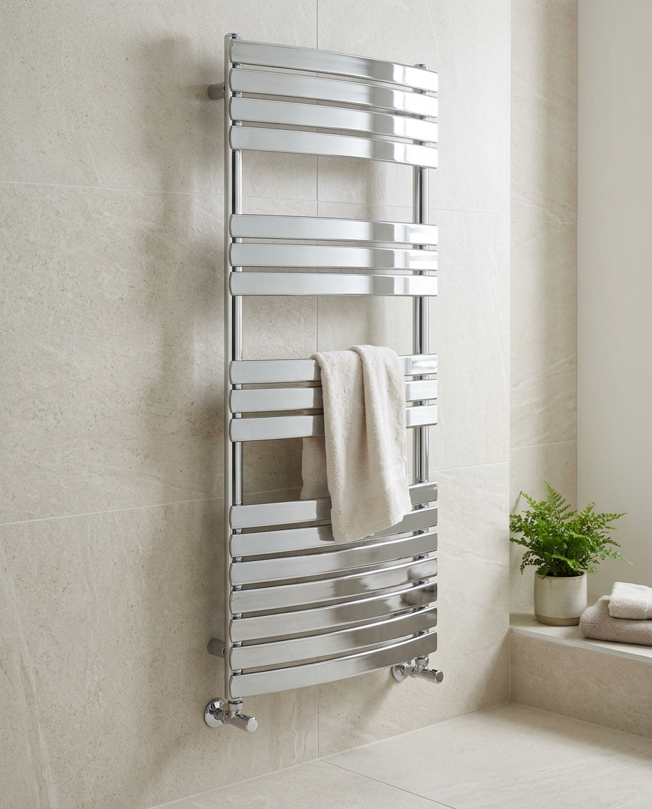 Eclipsa Towel Radiator with Valves in a bright modern bathroom