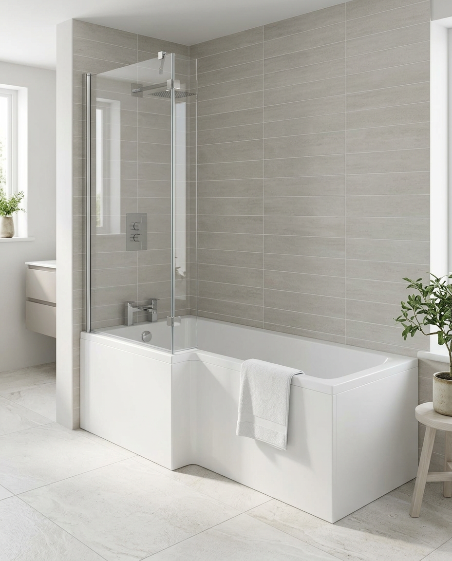 Elan L-Shaped Shower Bath with glass screen in a bright modern bathroom