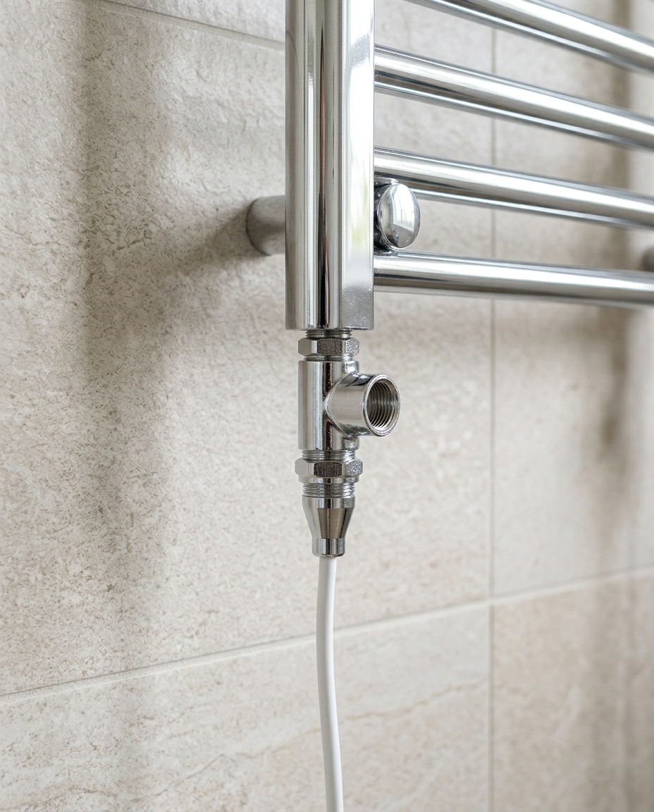 Electric Towel Rail Element in a bright modern bathroom