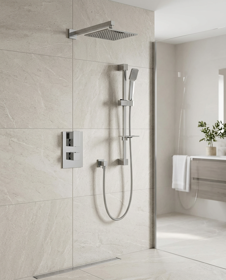 Elementa Thermostatic Shower Sets & Valves in a bright modern bathroom