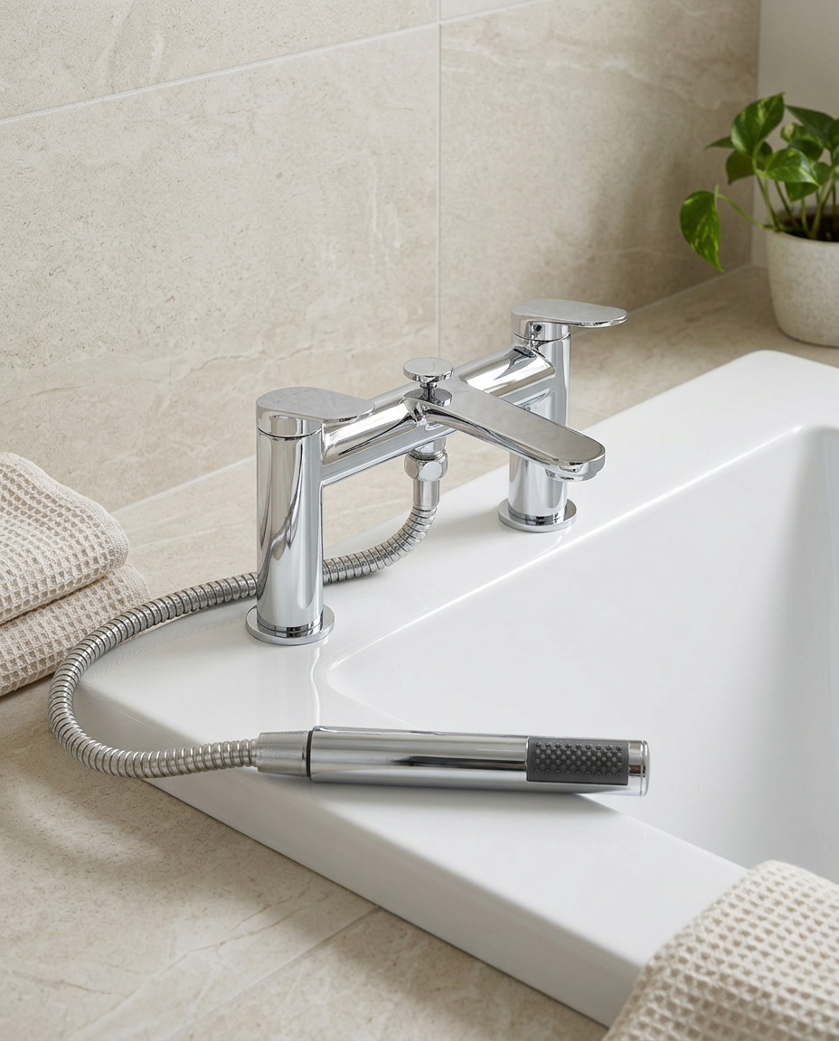 Elio Bath Shower Mixer in a bright modern bathroom