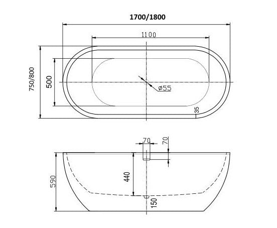 Eliza freestanding bath technical drawing, 1700mm and 1800mm