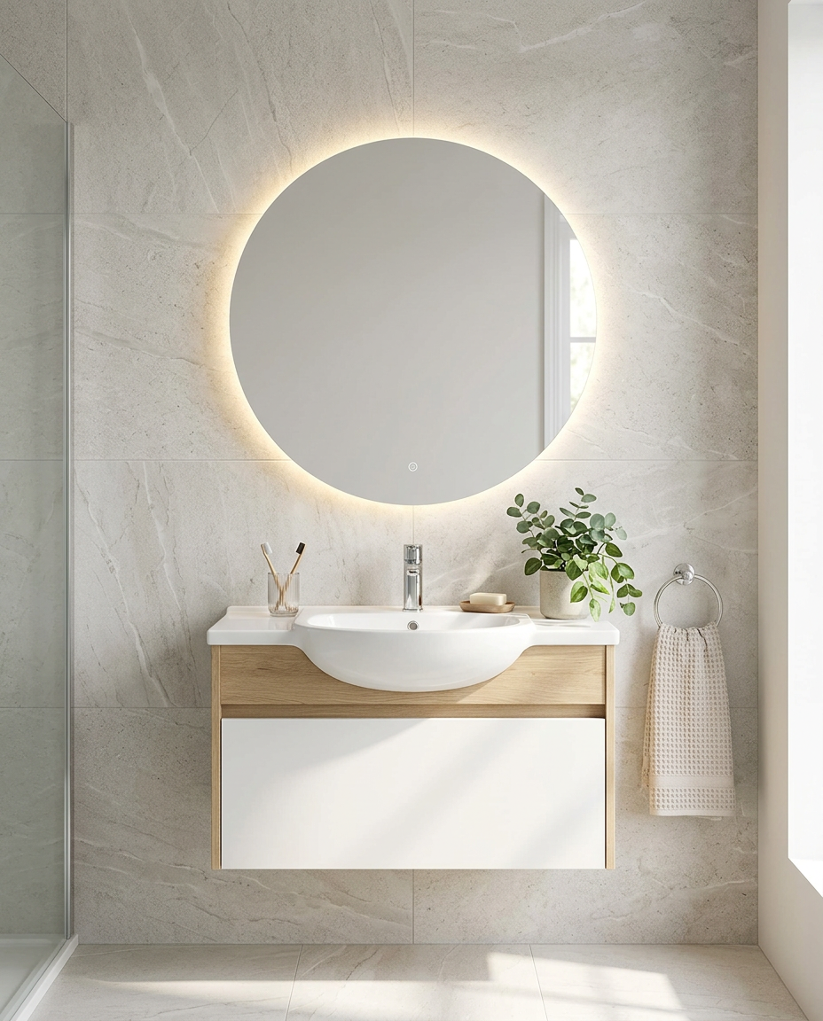 Ellesmere Backlit LED Mirror in a bright modern bathroom
