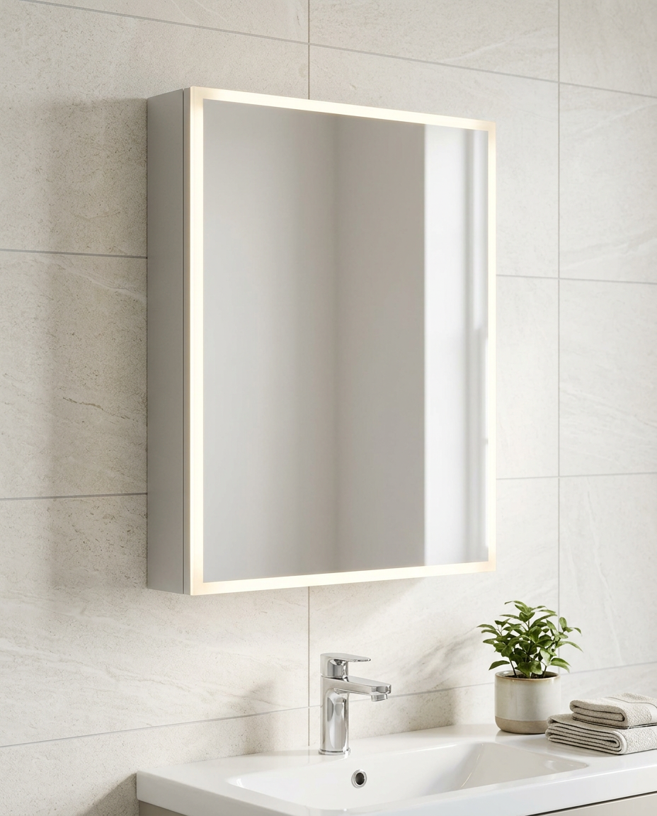 Elm LED Mirror Cabinet in a bright modern bathroom