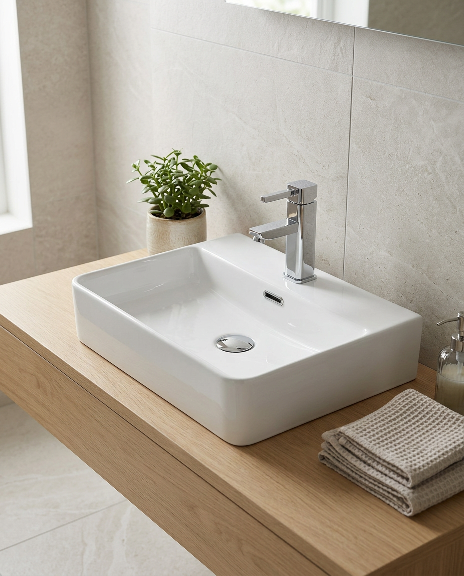 Essa Countertop Basin in a bright modern bathroom