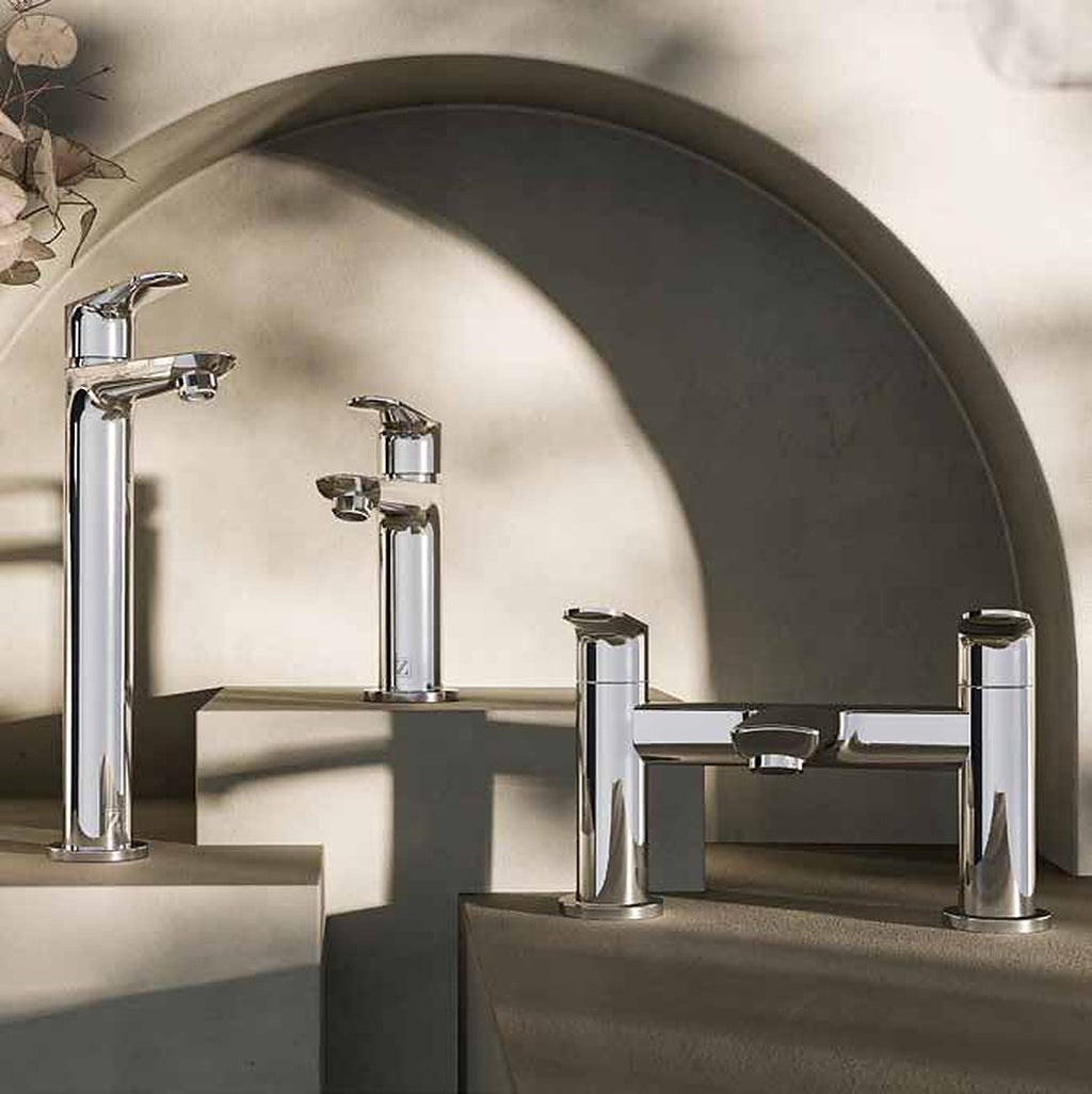 Etta taps from the Tilelyte Brassware Collection in a bathroom setting