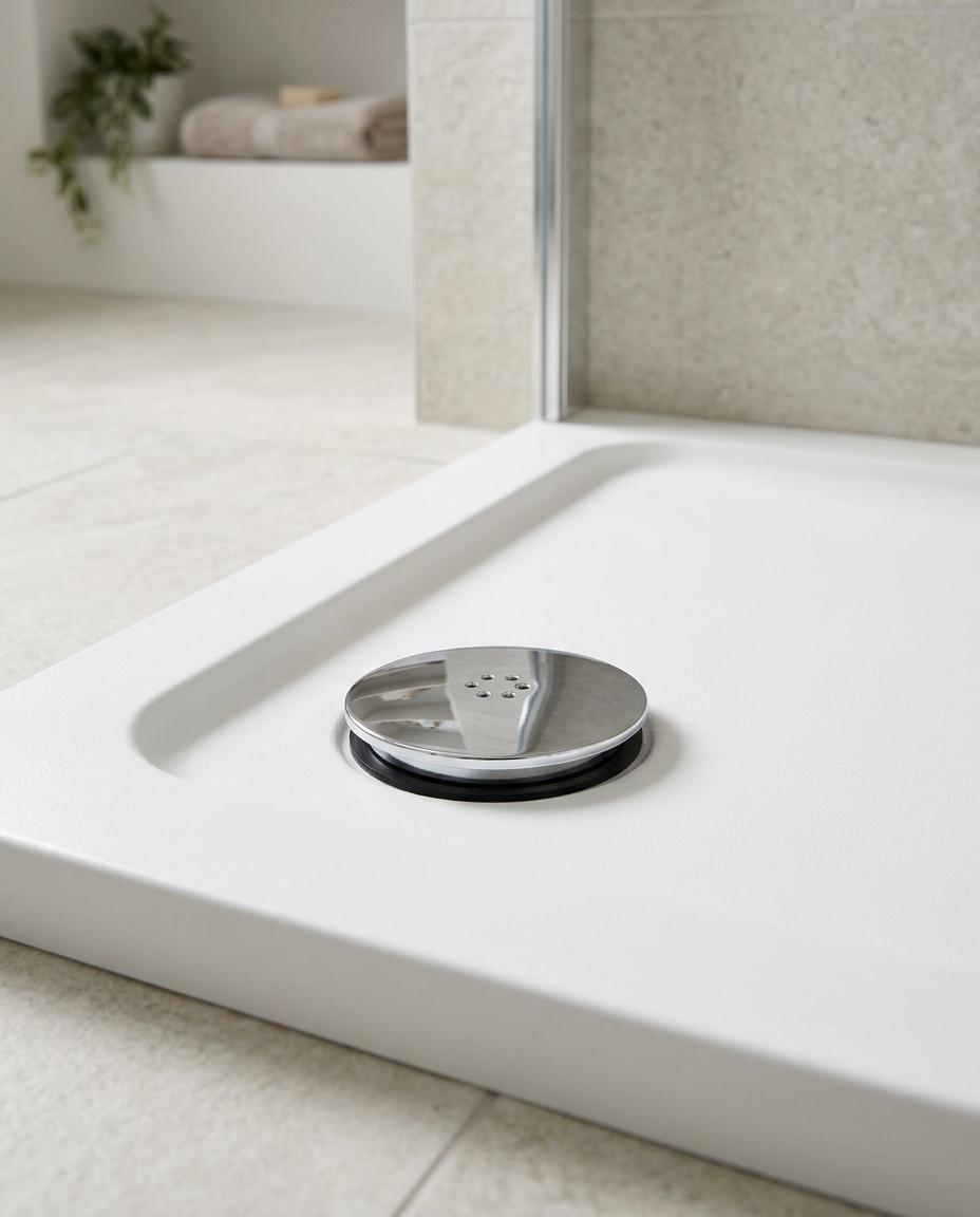 90mm Fast Flow Shower Tray Wastes in a bright modern bathroom
