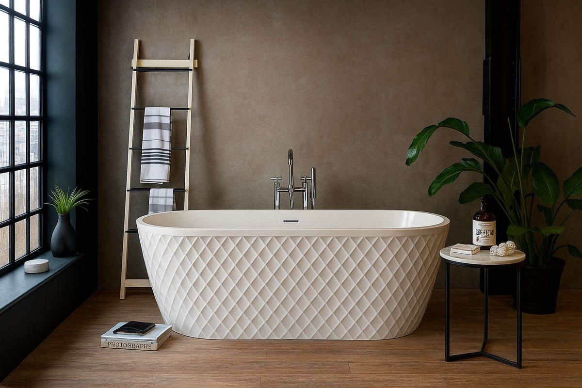 Fayre diamond-textured freestanding bath in a bathroom setting