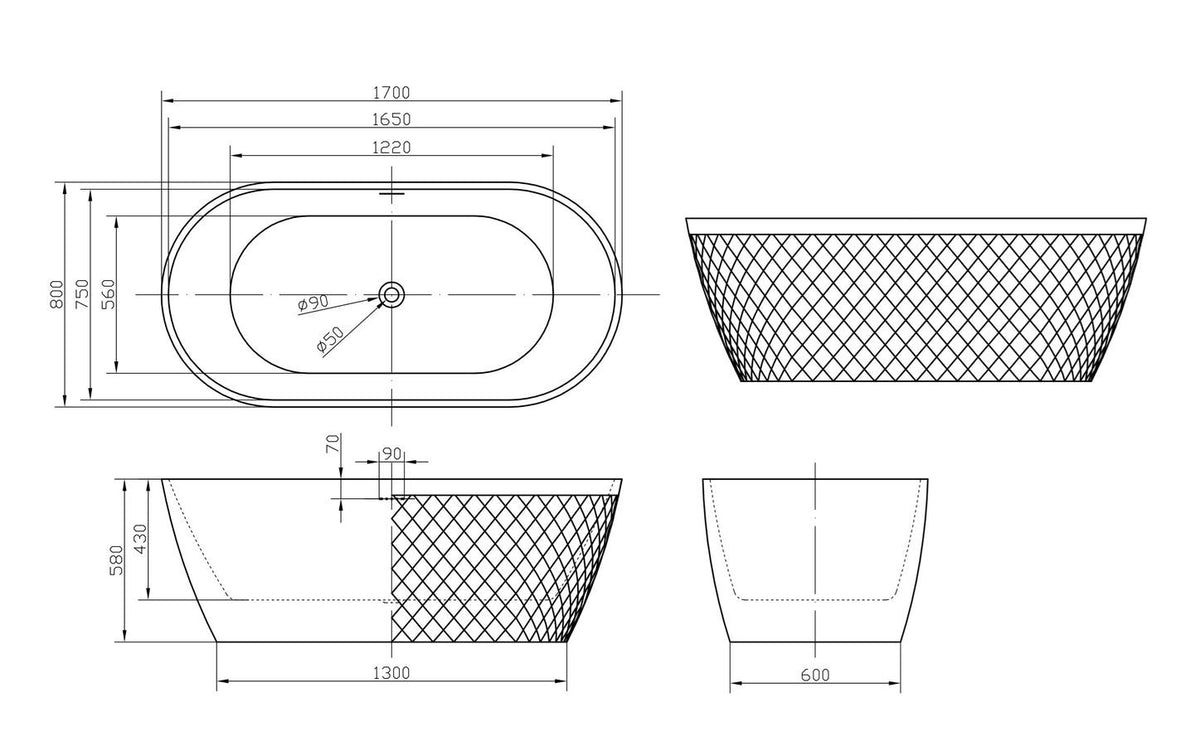 Fayre freestanding bath technical drawing with dimensions