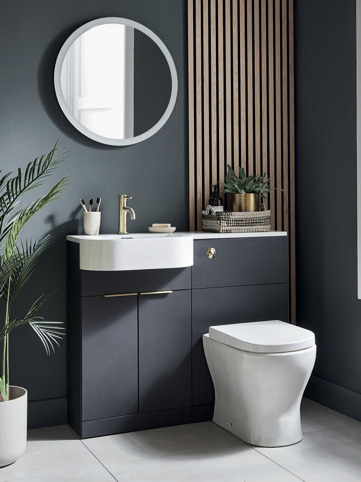 Fenwick 1010mm P-Shaped Furniture Pack in a bathroom setting