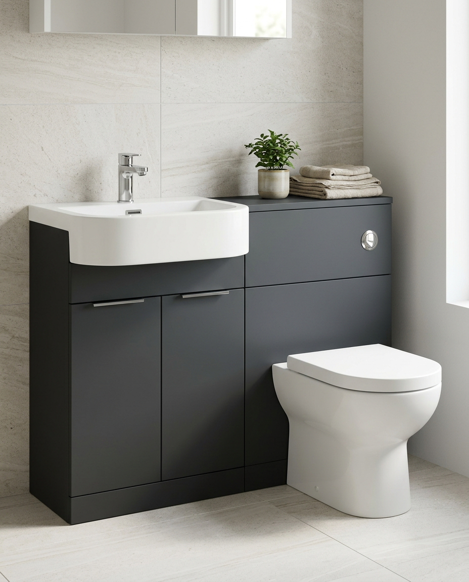 Fenwick 1010mm P-Shaped Furniture Pack, matt dark grey in a bright modern bathroom
