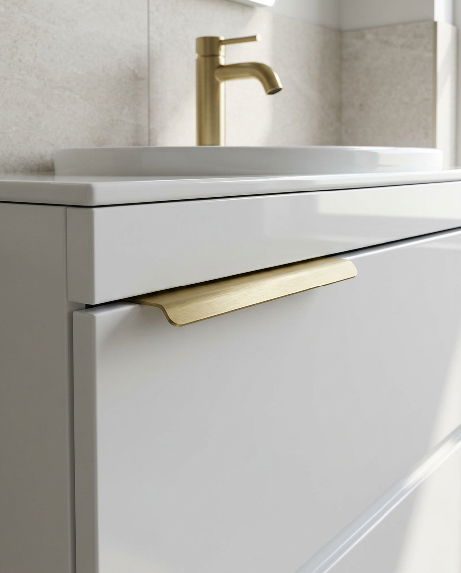 Fenwick Handles and Overflow Covers, brushed brass in a bright modern bathroom