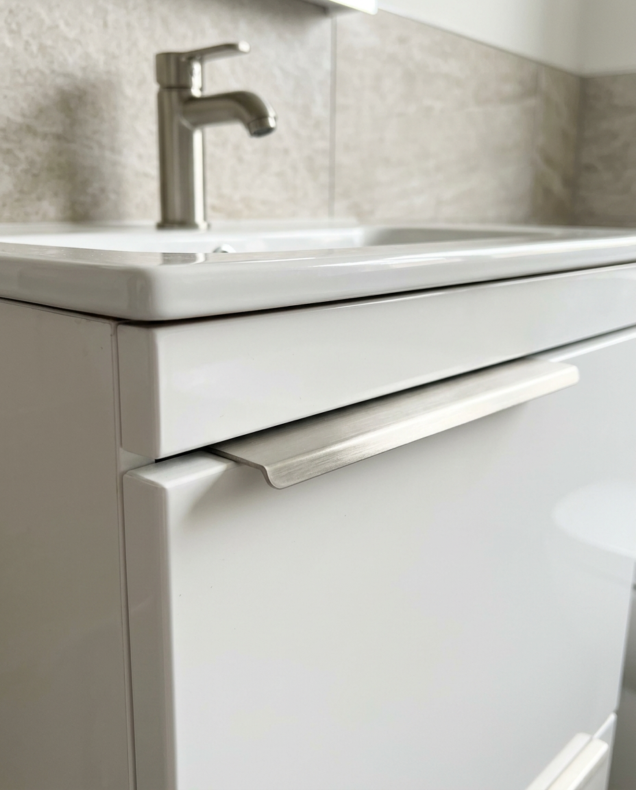 Fenwick Handles and Overflow Covers, brushed nickel in a bright modern bathroom