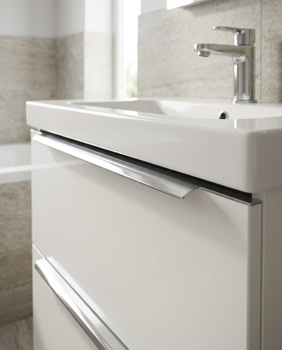 Fenwick Handles and Overflow Covers, chrome in a bright modern bathroom