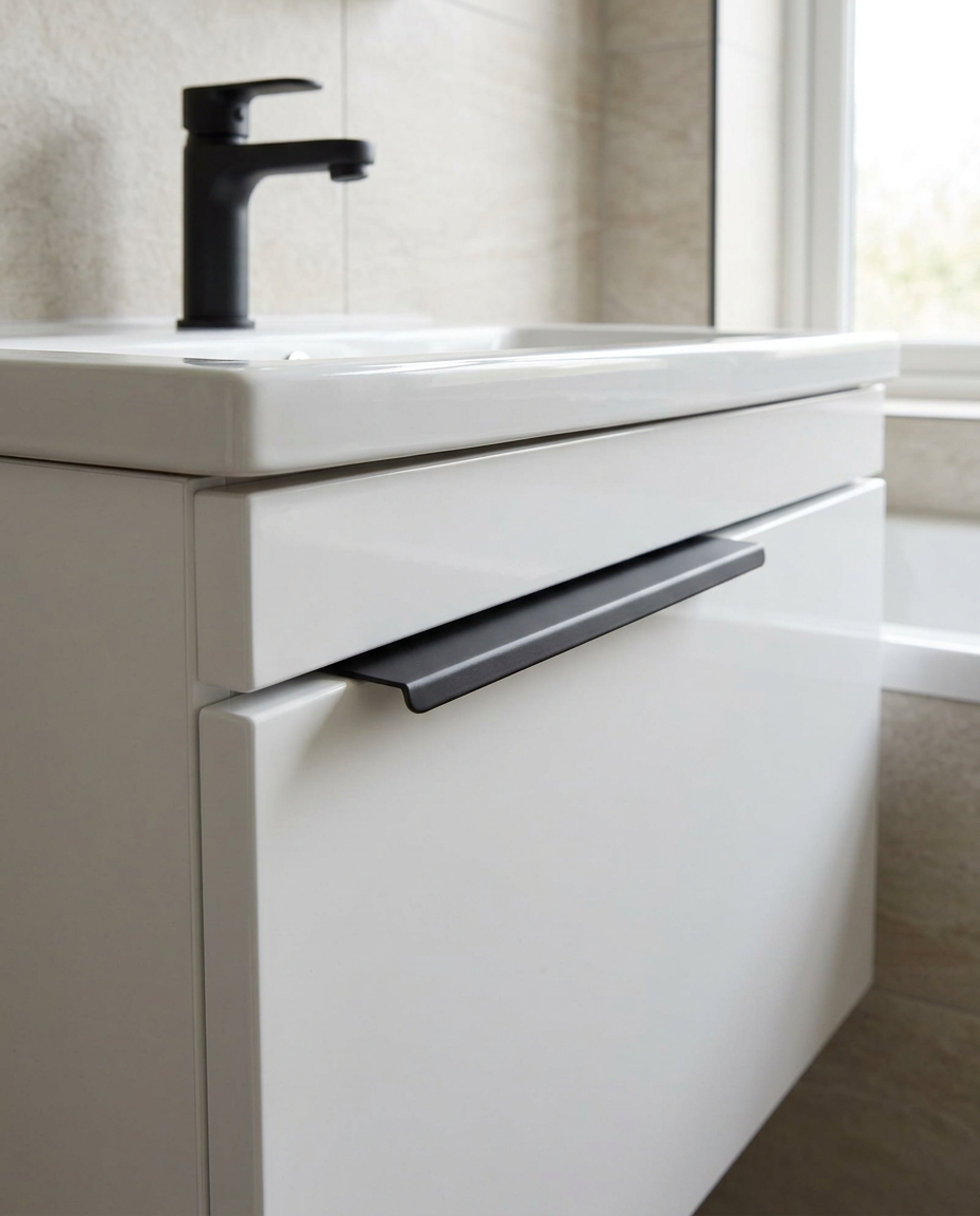 Fenwick Handles and Overflow Covers, matt black in a bright modern bathroom
