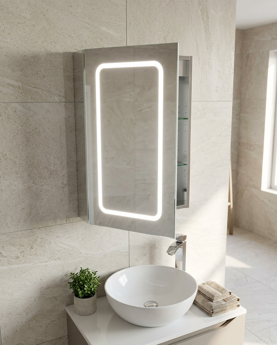 Ferra LED Mirror Cabinet in a bright modern bathroom