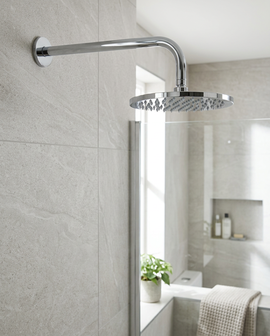 Fixed Overhead Shower Drenchers in a bright modern bathroom