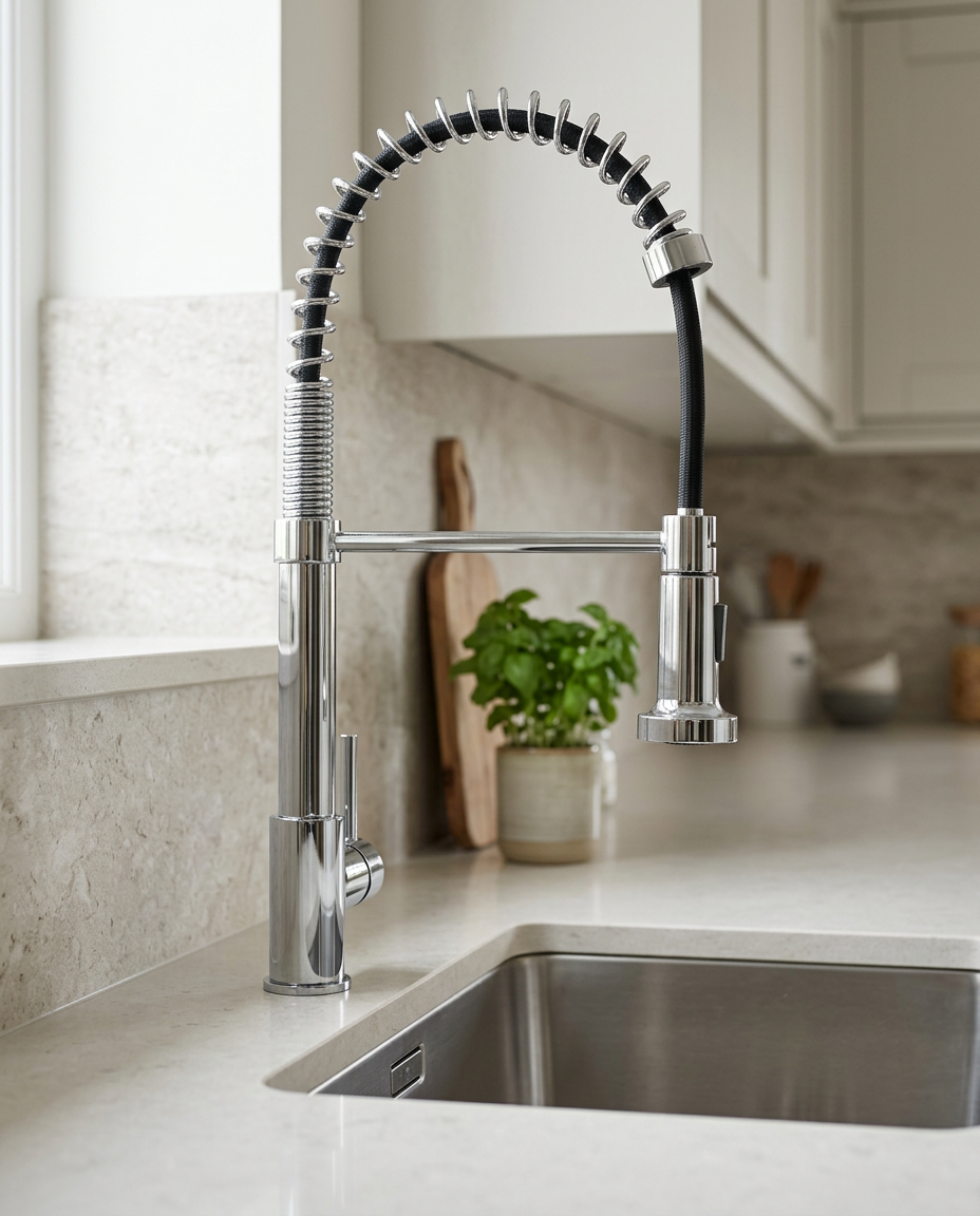 Flexa Pull-Out Kitchen Mixer Tap in a bright modern kitchen