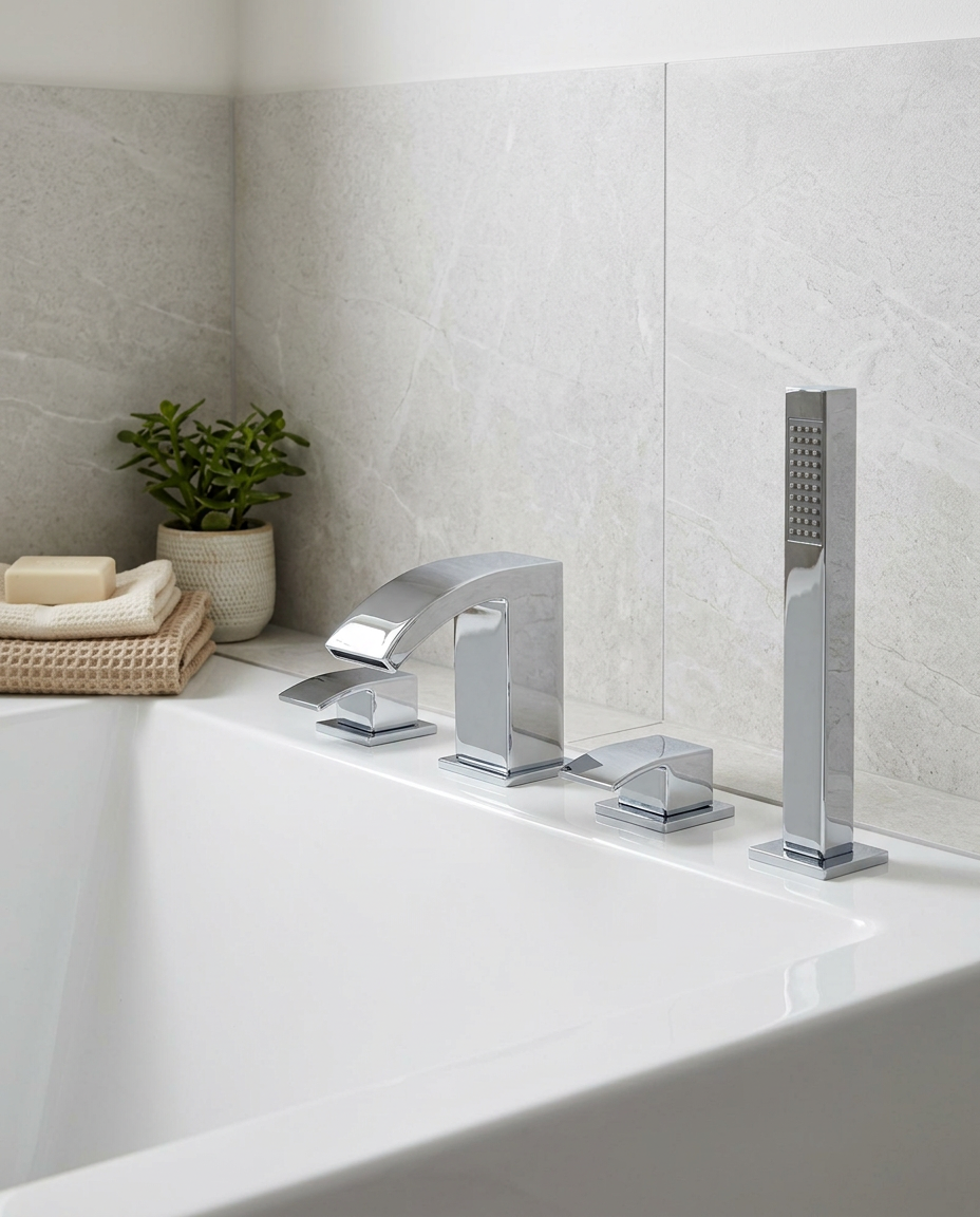 Florin 4 Hole Bath Shower Mixer in a bright modern bathroom