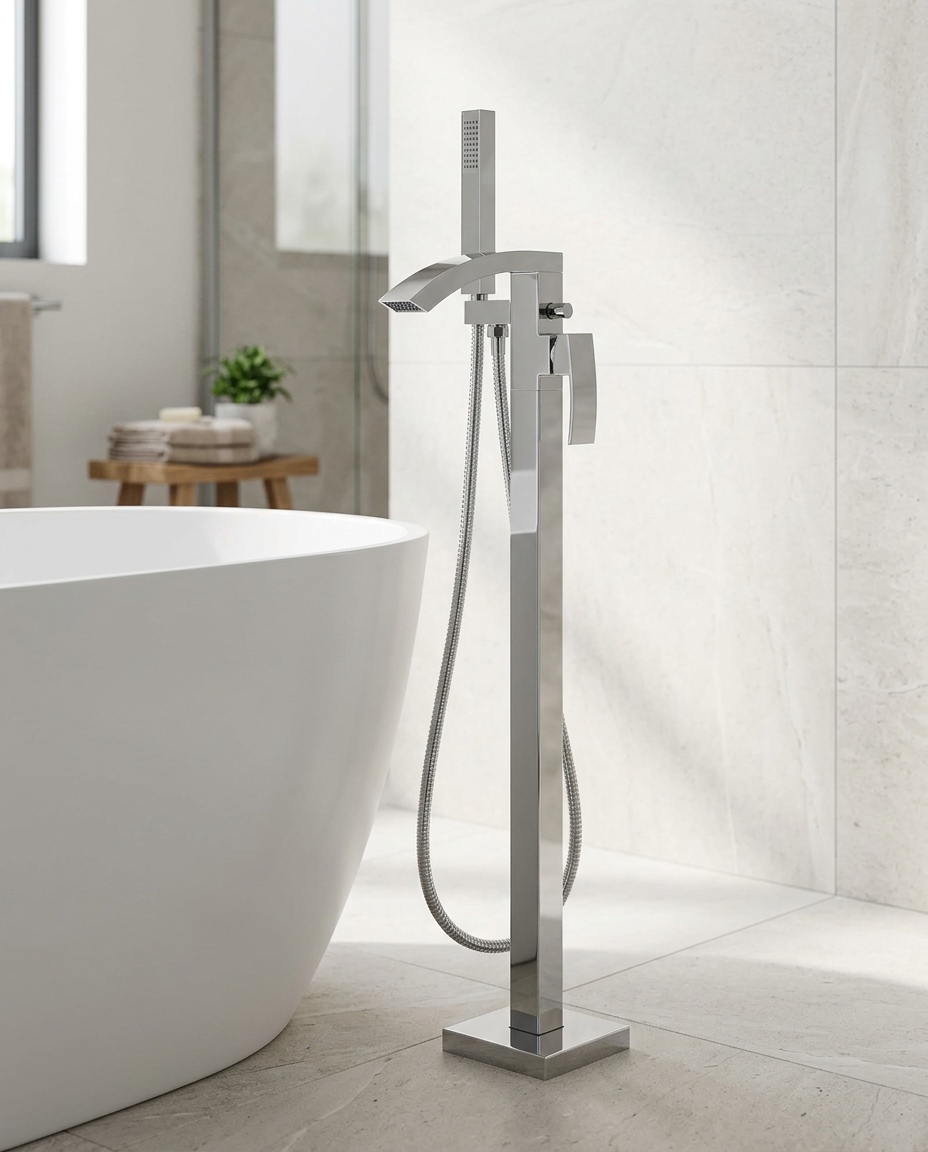 Florin Freestanding Bath Shower Mixer in a bright modern bathroom