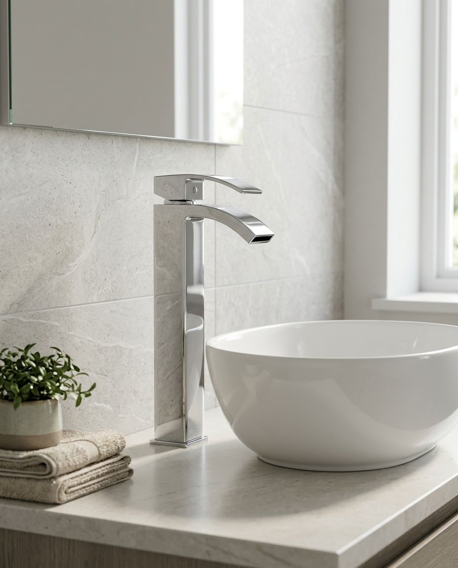 Florin Hi-Rise Mono Basin Mixer in a bright modern bathroom