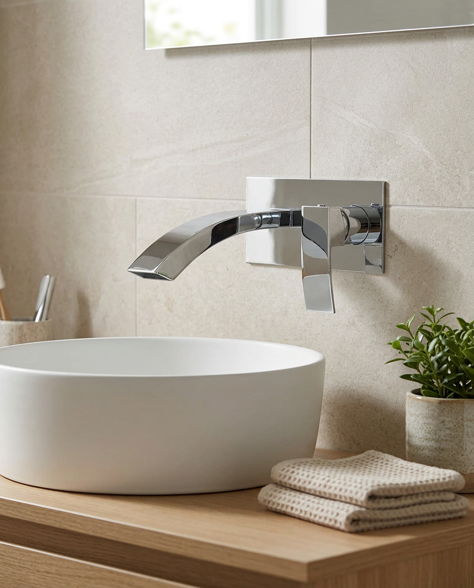 Florin Wall Mounted Basin Mixer in a bright modern bathroom