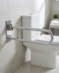 Fold Away Hand Rail in a bright modern bathroom
