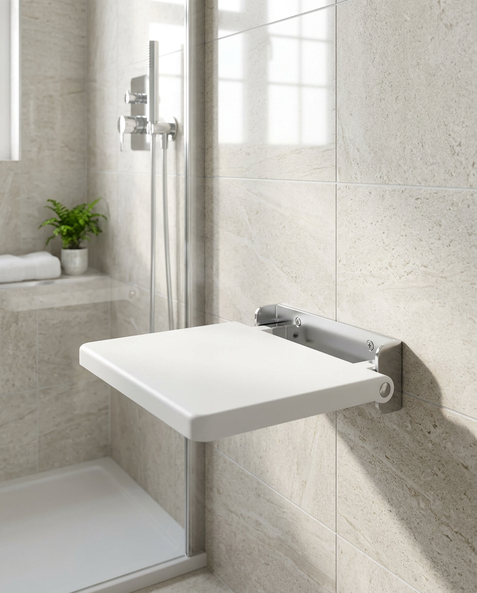 Fold Away Shower Seat in a bright modern bathroom