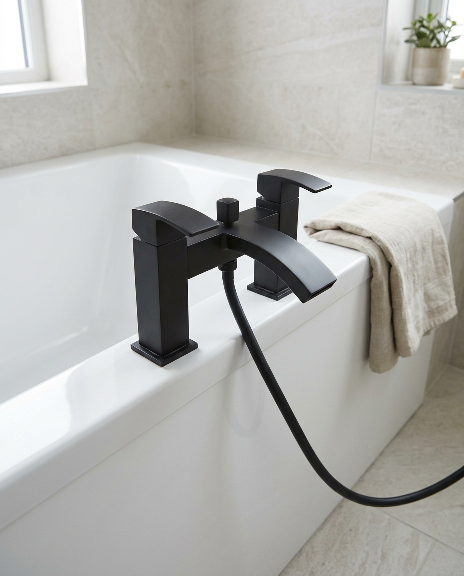 Fumo Matt Black Bath Shower Mixer in a bright modern bathroom