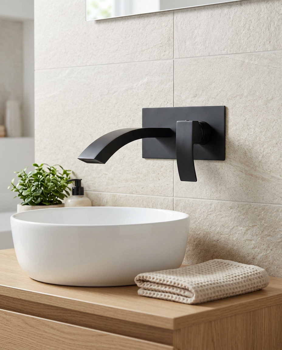 Fumo Matt Black Wall Mounted Basin Mixer in a bright modern bathroom