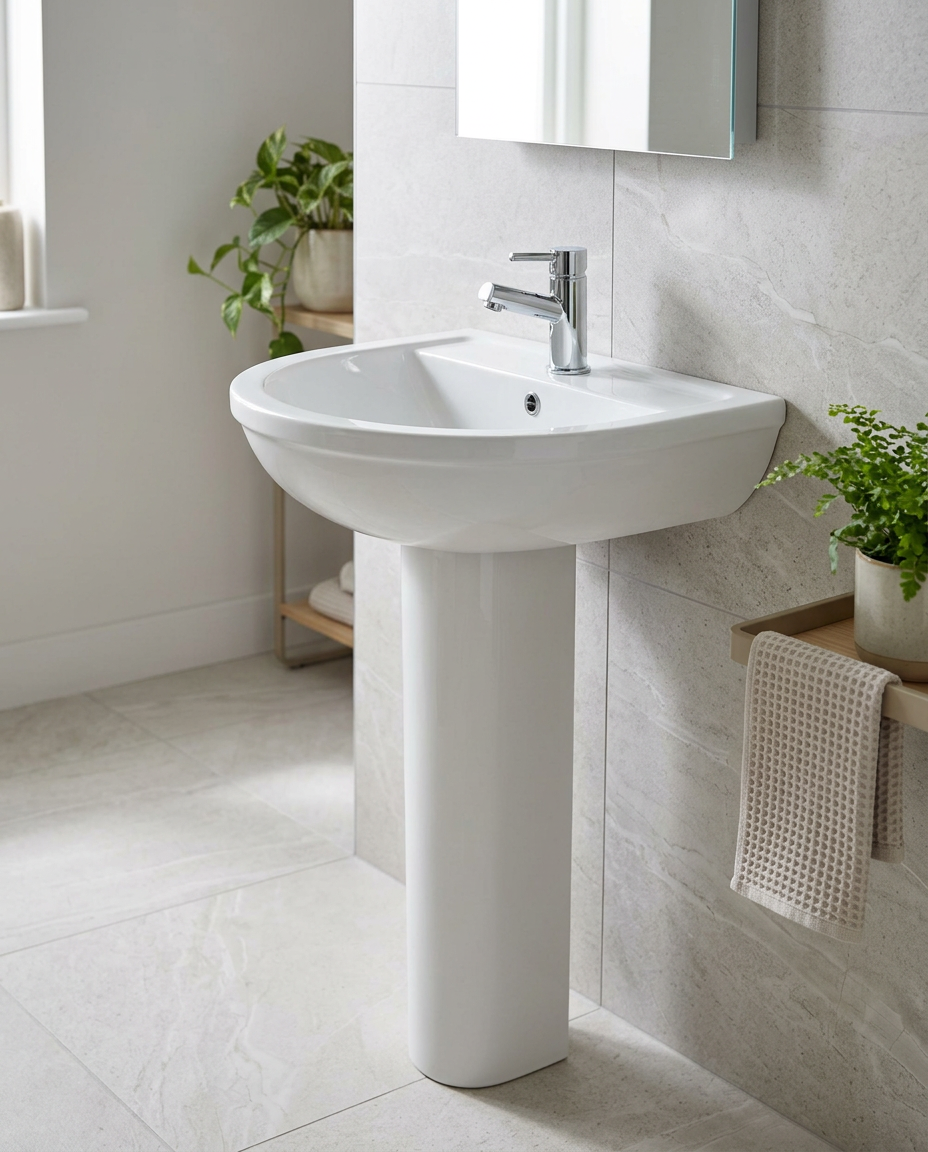 Gemma Basin & Pedestal in a bright modern bathroom