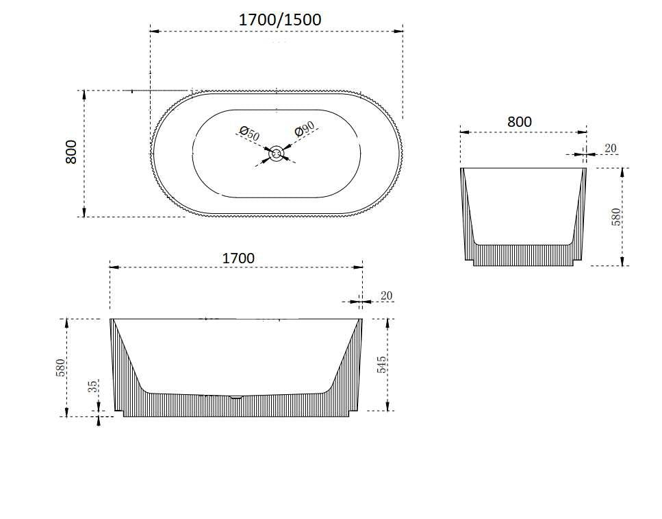 Ginette fluted freestanding bath technical drawing, 1700mm and 1500mm