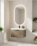 Gleo Capsule Backlit LED Mirror in a bright modern bathroom