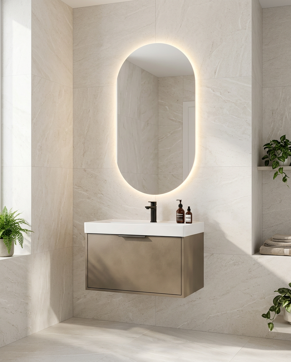 Gleo Capsule Backlit LED Mirror in a bright modern bathroom