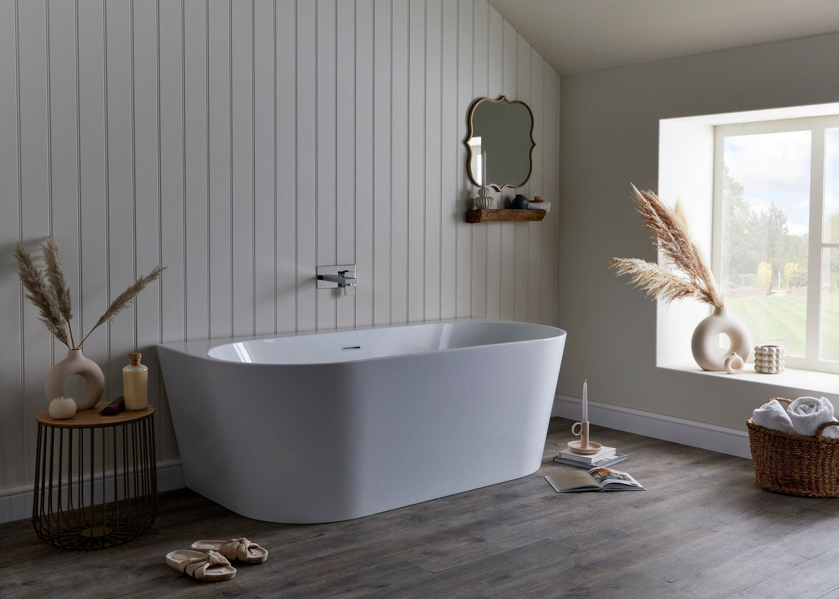 Gracie D-shaped back-to-wall bath in a bathroom setting